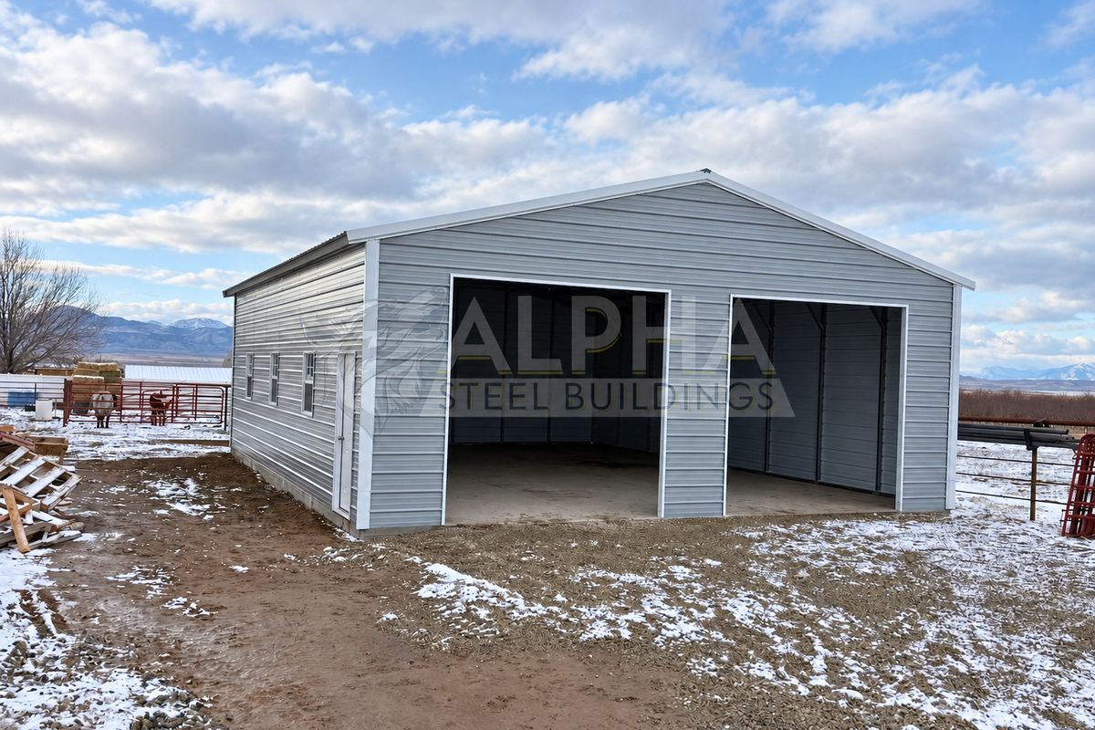 30'x40'x11' A-frame vertical roof steel shop front left angled view