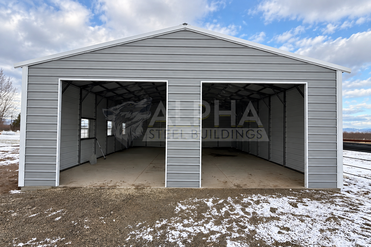 30'x40'x11' A-frame vertical roof steel shop front view with two overhead door frame-outs