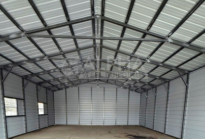 30'x40'x11' A-frame vertical roof steel shop interior rear view showing steel framing and horizontal wall panels