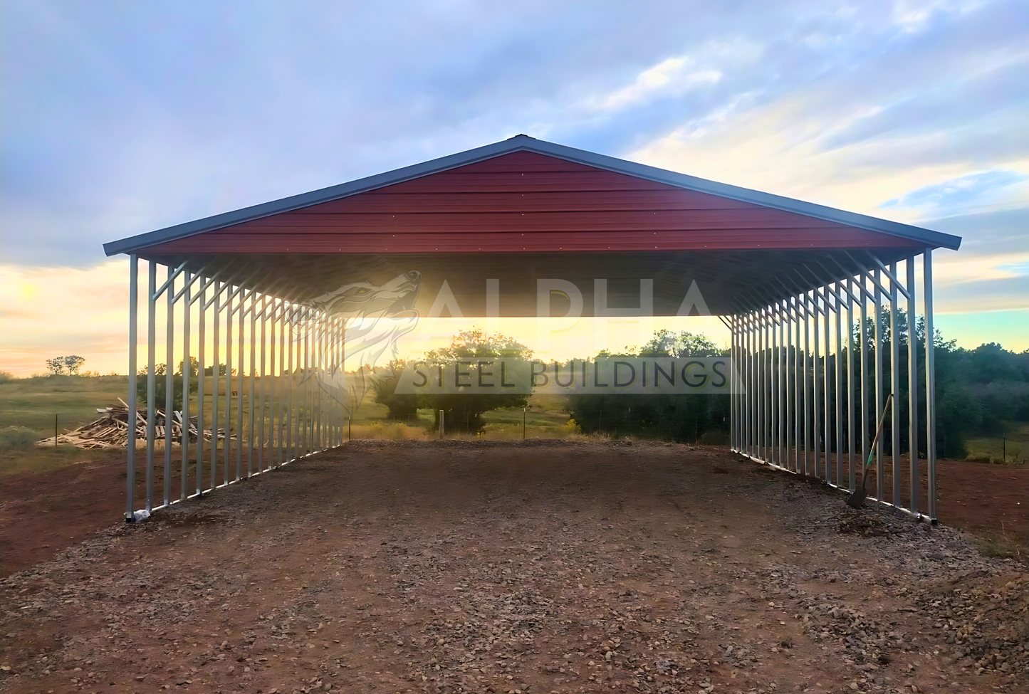 Front close up view of 30x40x12 a-frame steel carports with vertical roof, fully open for versatile coverage