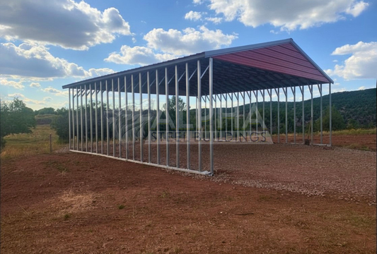 Front left angle view of 30x40x12 a-frame steel carports with vertical roof, fully open for versatile coverage