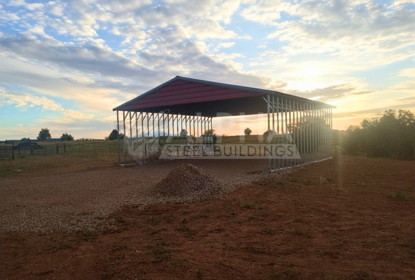 Front right angle view of 30x40x12 a-frame steel carports with vertical roof, fully open for versatile coverage