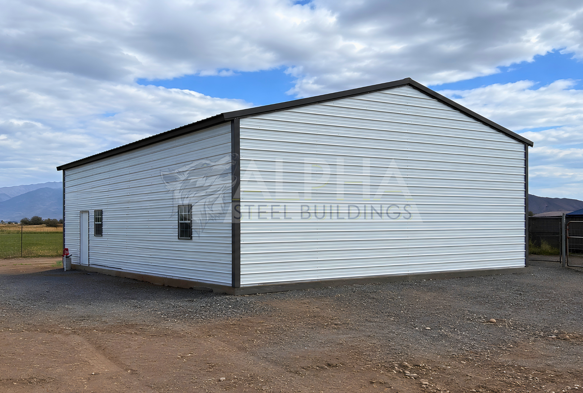 30x40x13 A-frame steel building with vertical roof, walk-in door and two windows, rear right angled view