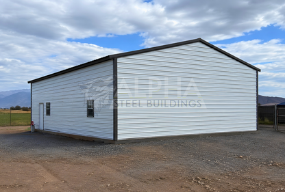 30x40x13 A-frame steel building with vertical roof, walk-in door and two windows, rear right angled view