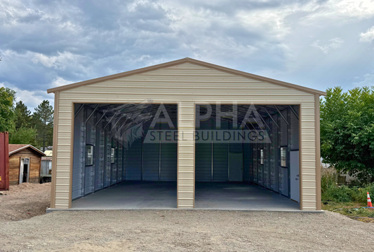 30x40x13 A-frame steel garage with vertical roof, (2) 12' x 12' overhead door frame outs on the end, horizontal panels and double leg posts, front view