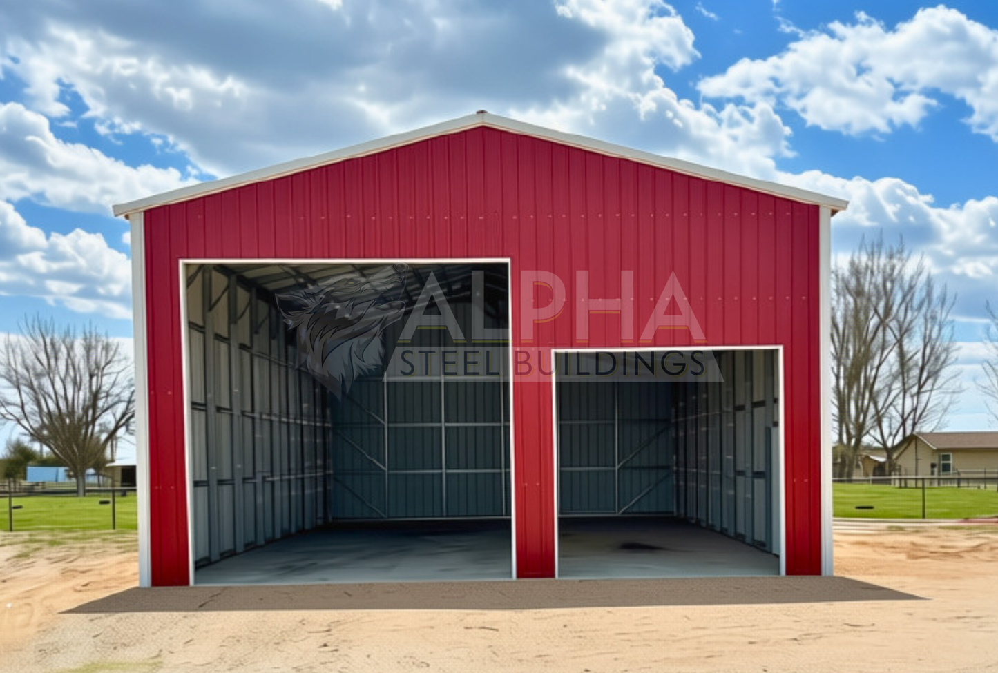 Front view of 30x45x16 a-frame steel shop with vertical roof, dual overhead door frame-outs, walk-in door, and closed vertical sides and ends.
