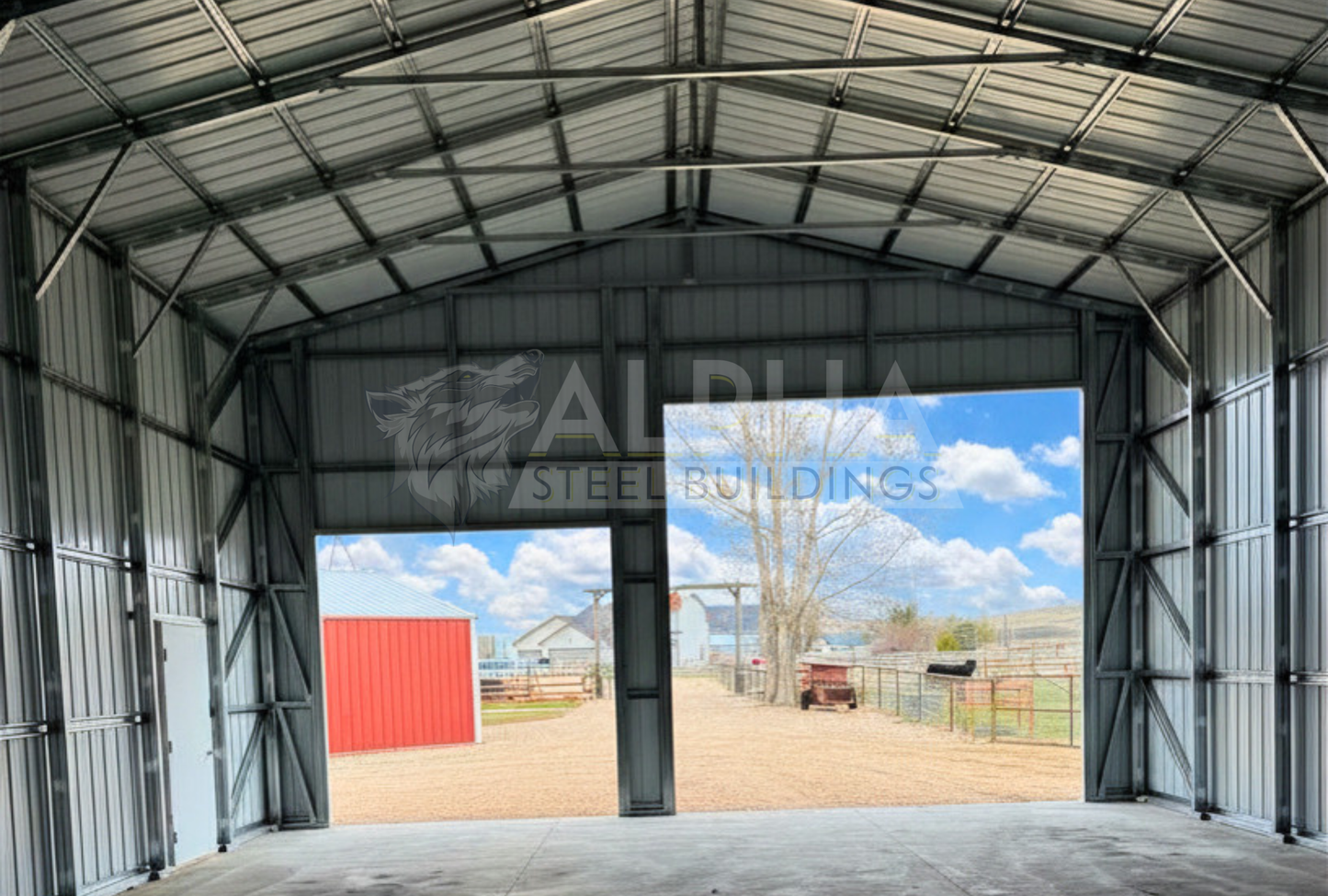 Internal front view of 30x45x16 a-frame steel shop with vertical roof, dual overhead door frame-outs, walk-in door, and closed vertical sides and ends.