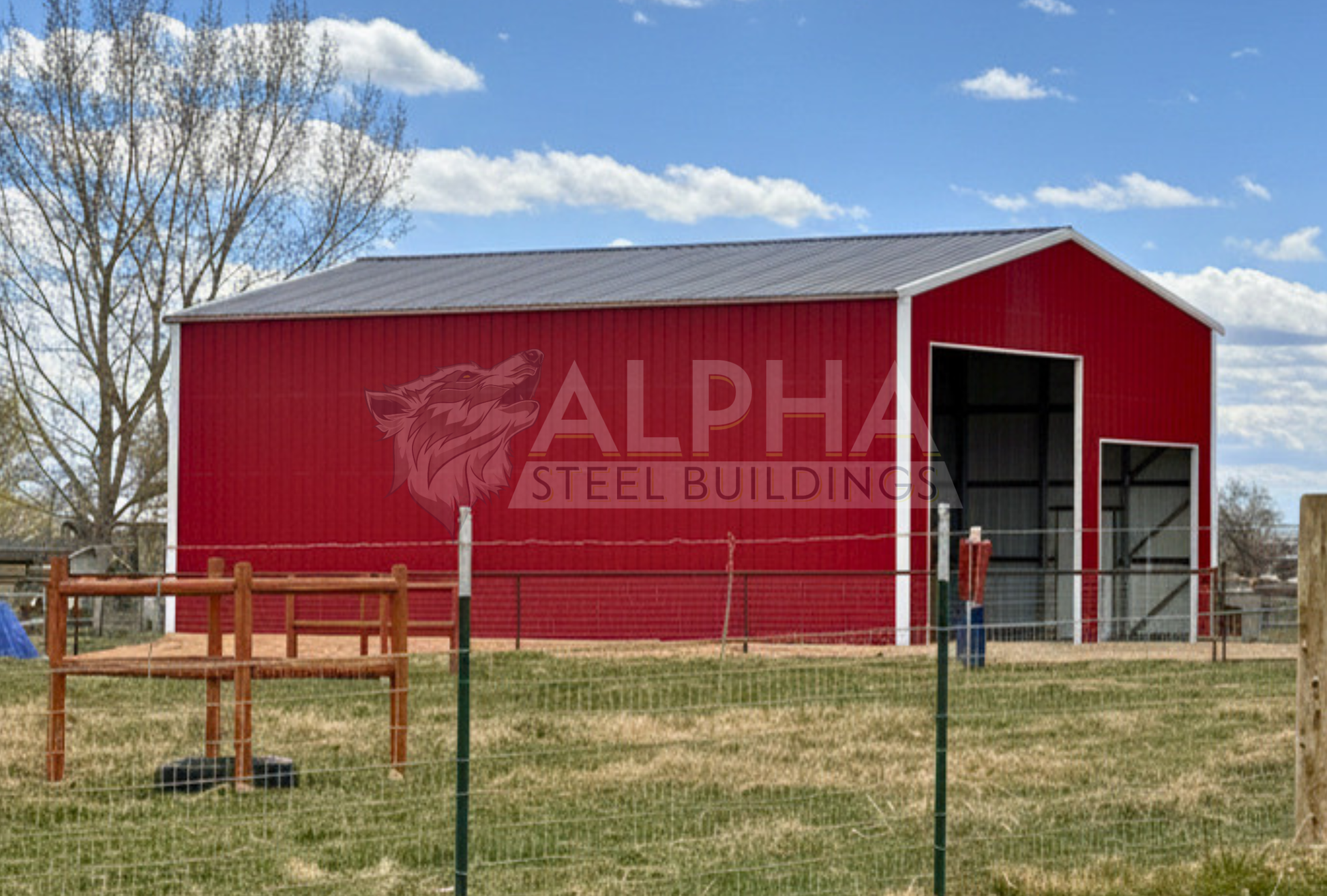 Left angle view of 30x45x16 a-frame steel shop with vertical roof, dual overhead door frame-outs, walk-in door, and closed vertical sides and ends.