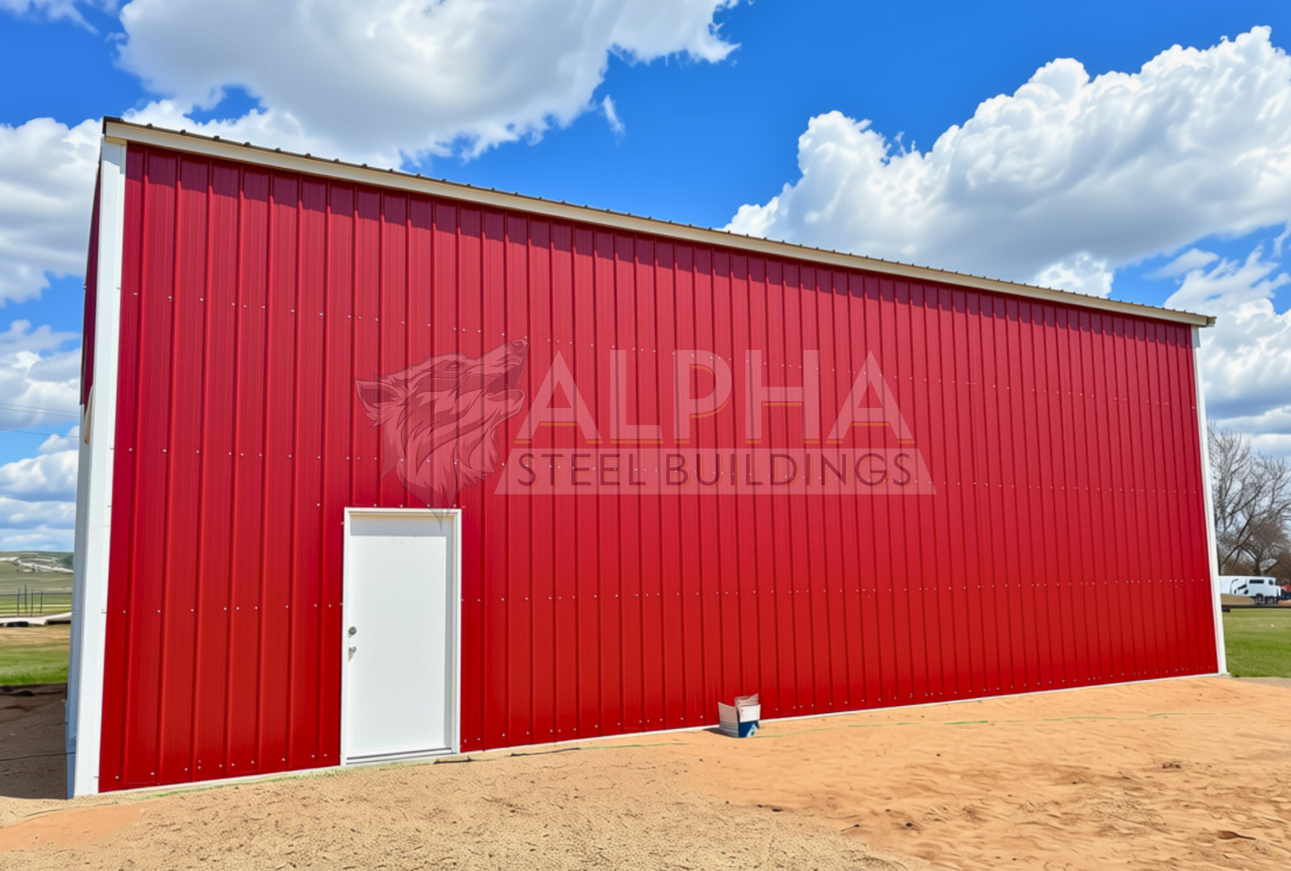 Right angle close up view of 30x45x16 a-frame steel shop with vertical roof, dual overhead door frame-outs, walk-in door, and closed vertical sides and ends.
