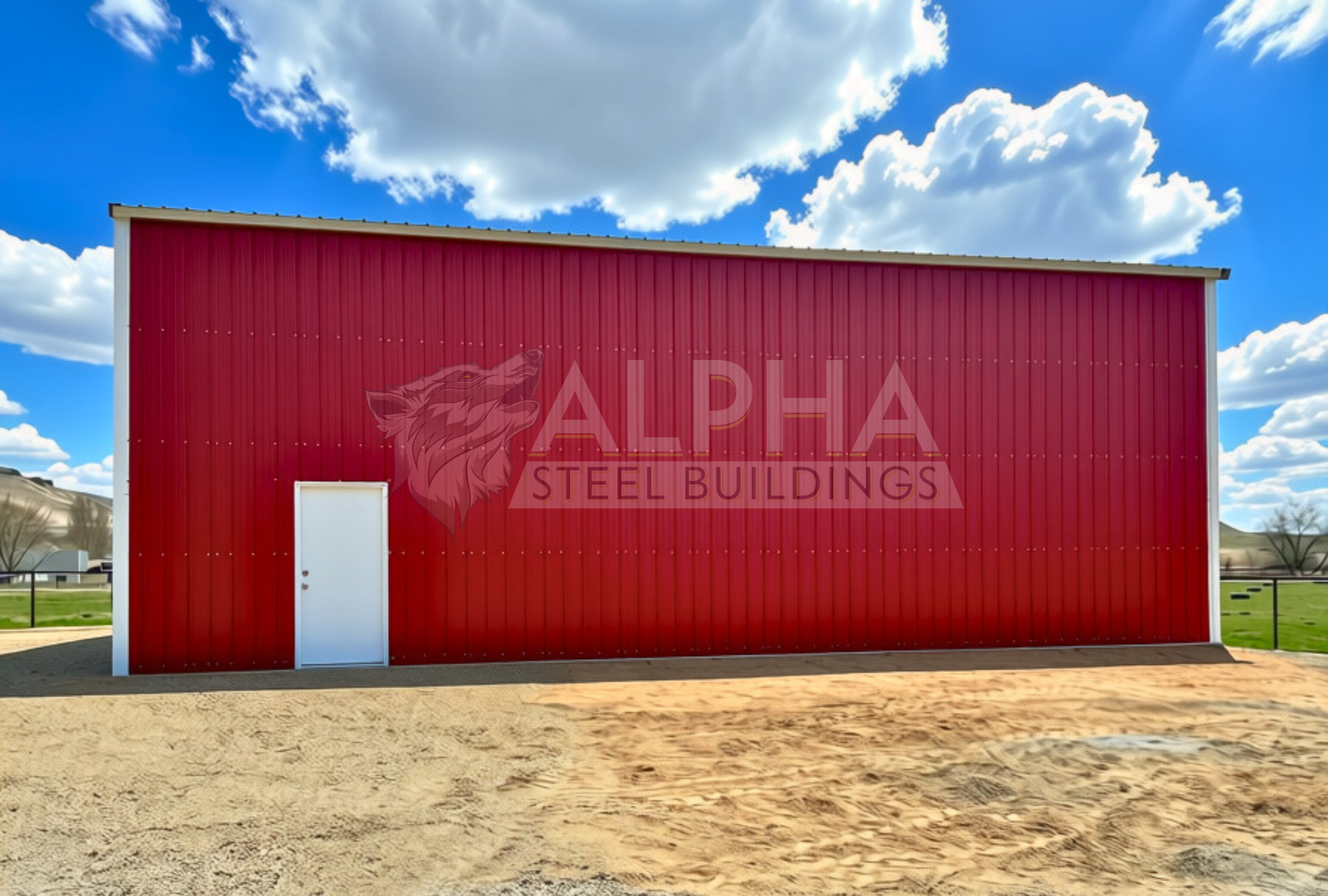 Right wide view of 30x45x16 a-frame steel shop with vertical roof, dual overhead door frame-outs, walk-in door, and closed vertical sides and ends.