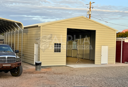 Front left angled view of a 30x45 A-frame steel building with vertical roof, closed sides and ends, 12x12 overhead door frame-out, windows, and walk-in doors.