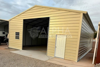 Front right angled view of a 30x45 A-frame steel building featuring vertical roof, closed sides and ends, 12x12 overhead door frame-out, windows, and walk-in doors.