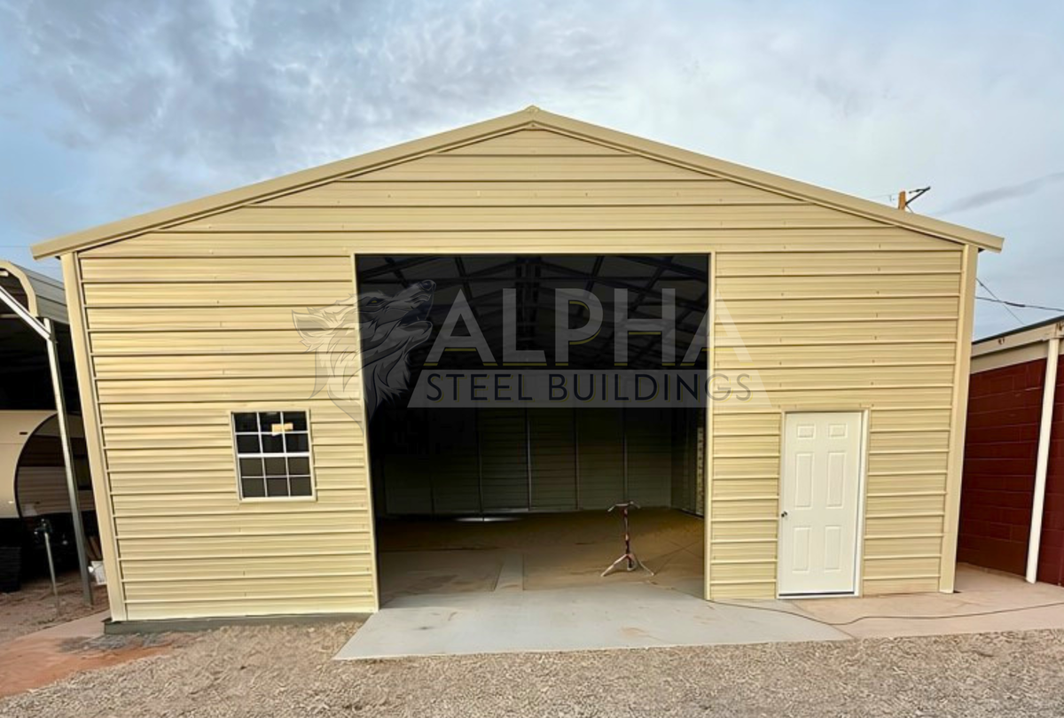 Front view of a 30x45 A-frame steel building with vertical roof, 12-foot height, closed sides and ends, 12x12 overhead door frame-out, and walk-in doors