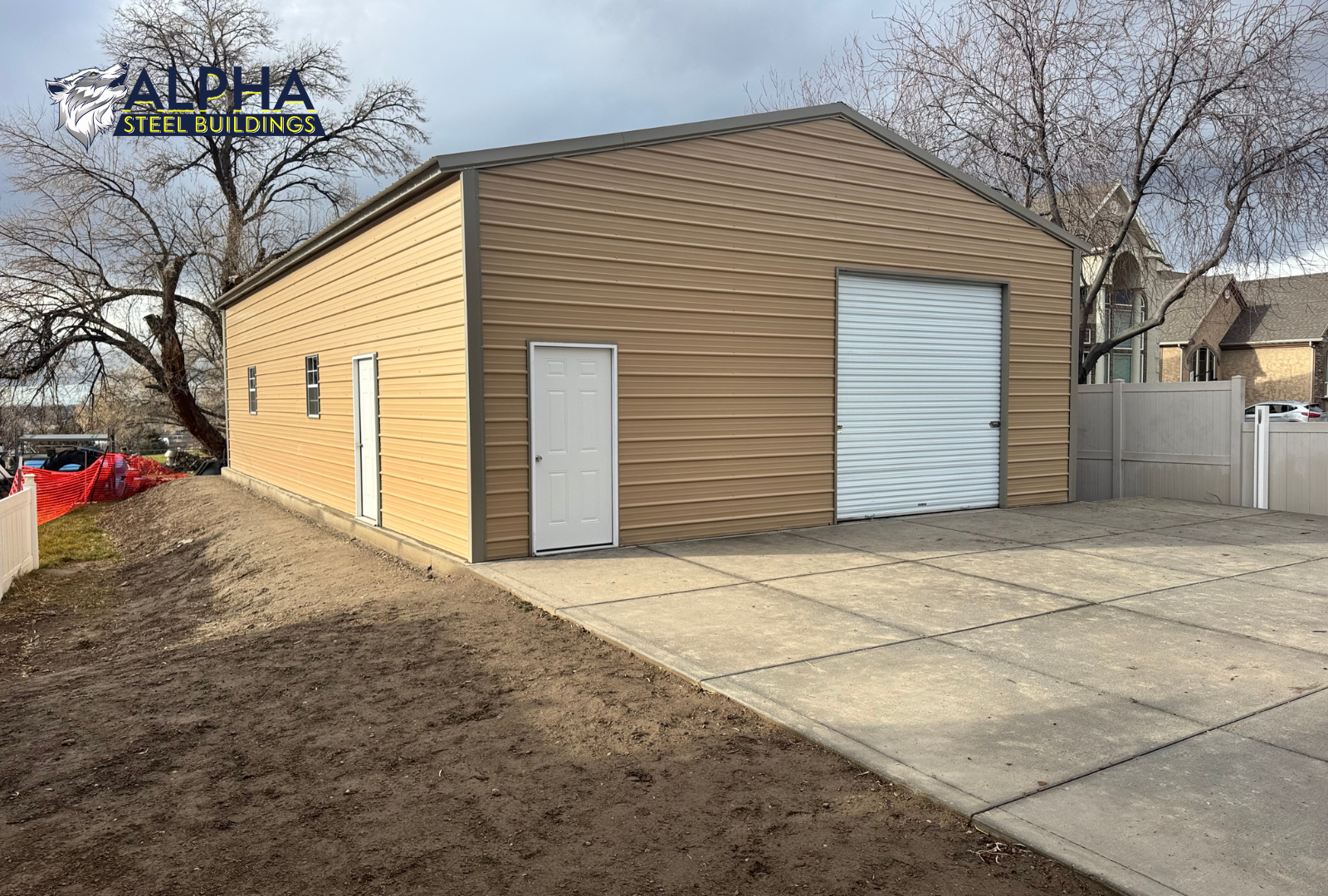 30x50 A-frame steel building with vertical roof, roll-up door, windows, and walk-in doors shown from front left angle