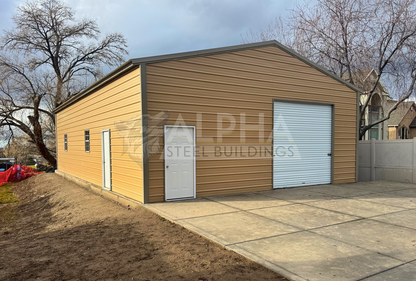 30x50 A-frame steel building with vertical roof, roll-up door, windows, and walk-in doors shown from front left angle