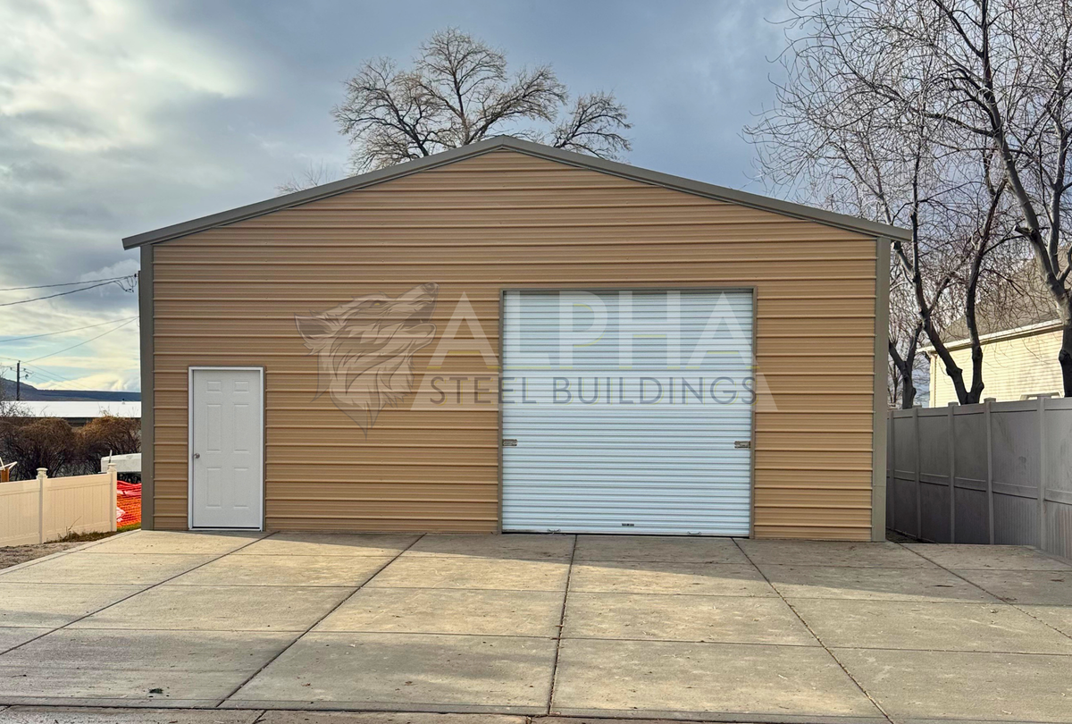 Front view of 30x50 A-frame steel building with 10x10 roll-up door, vertical roof, and fully enclosed sides and ends