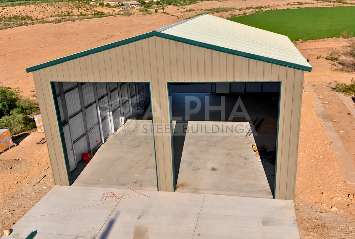Elevated front view of a 30 by 50 by 15-foot vertical roof Steel Shop Building showing two overhead door frame-outs.