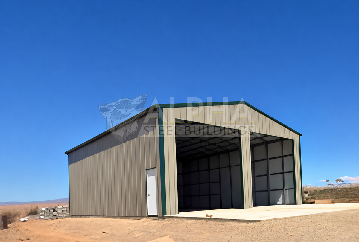 Front-left view of a 30 by 50 by 15-foot vertical roof Steel Shop Building showing vertical wall panels, two overhead door frame-outs, and a walk-in door.