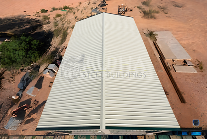 Overhead view of the vertical roof on a 30 by 50 by 15-foot Steel Shop Building.