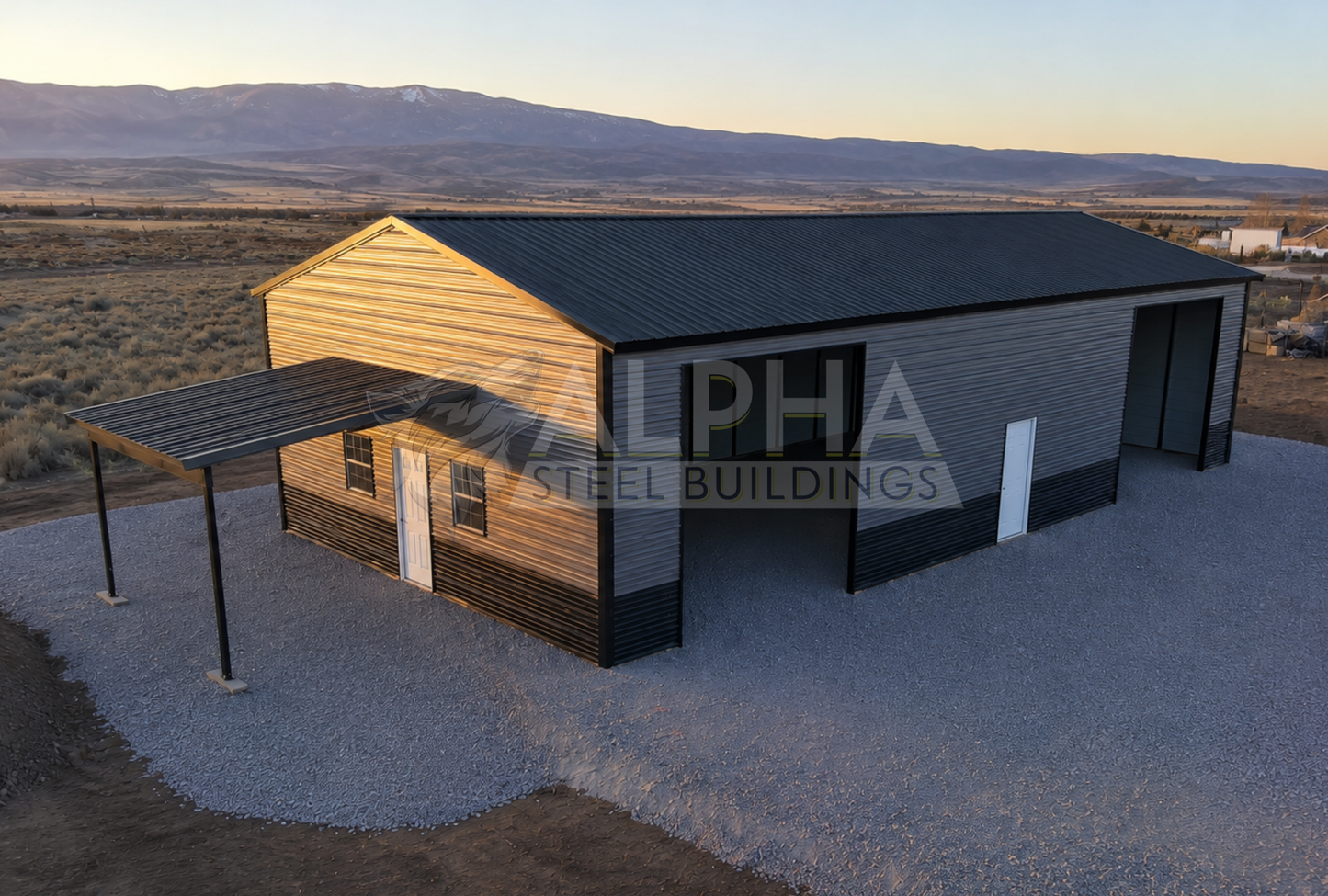 30x60x13 vertical roof steel building with 12x15 lean-to shown from elevated aerial view