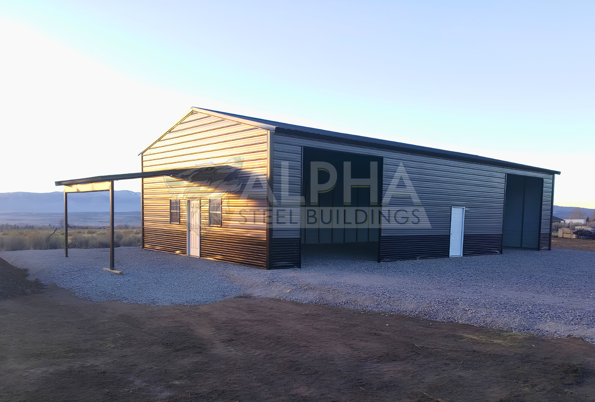 30x60x13 vertical roof steel building with 12x15 lean-to, overhead door openings, walk-in doors and windows