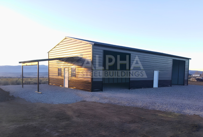 30x60x13 vertical roof steel building with 12x15 lean-to, overhead door openings, walk-in doors and windows