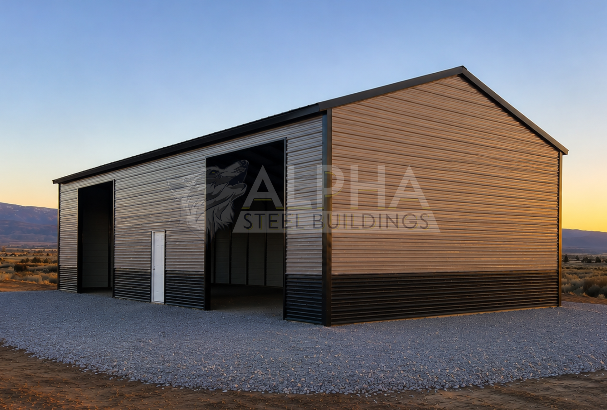 30x60x13 vertical roof steel building showing rear and side view with overhead door openings and walk-in door