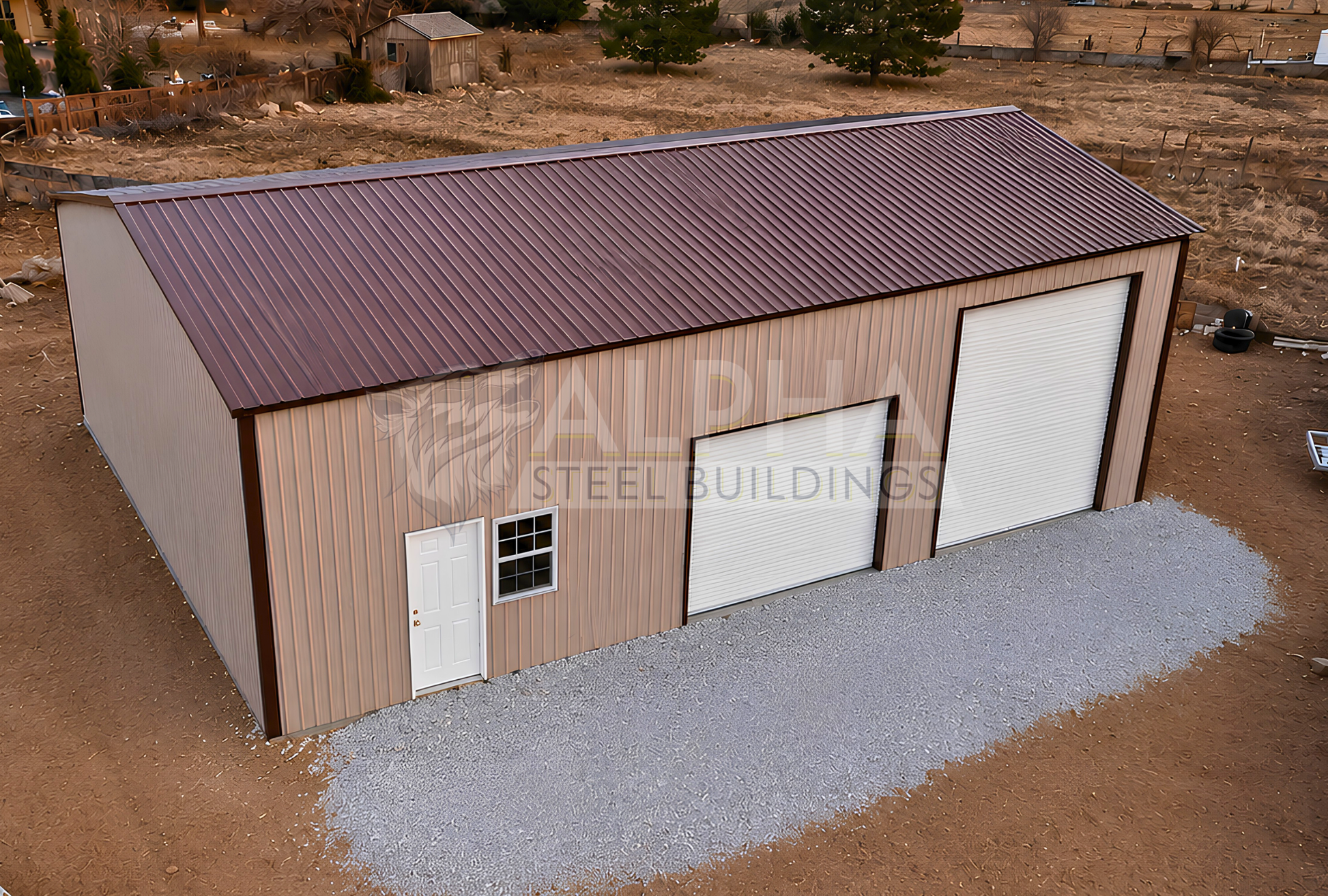 30x60x15 vertical roof steel garage elevated side view with two overhead doors, walk-in door, window, and vertical panels