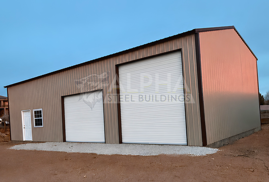 30x60x15 vertical roof steel garage front side view with two overhead doors, walk-in door, and window