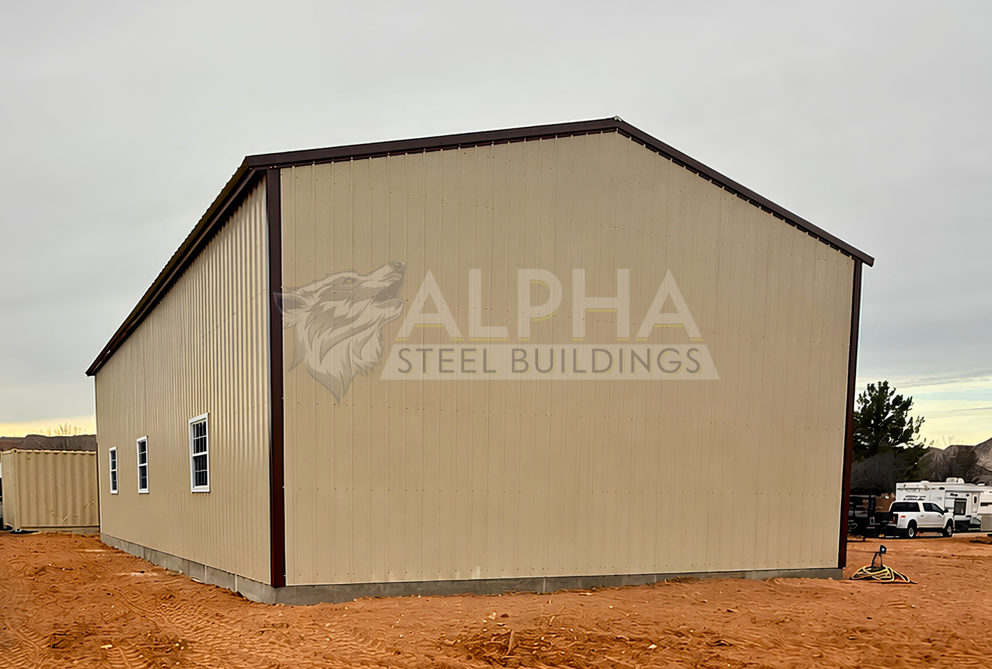30x60x15 vertical roof steel garage rear side view with fully enclosed vertical panel walls and windows