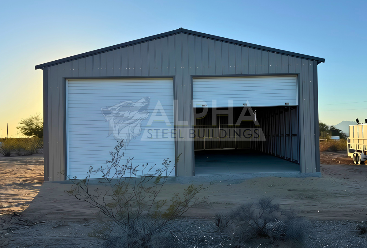 30x80x12 A-frame steel building with vertical roof and two 12x11 overhead doors, front view