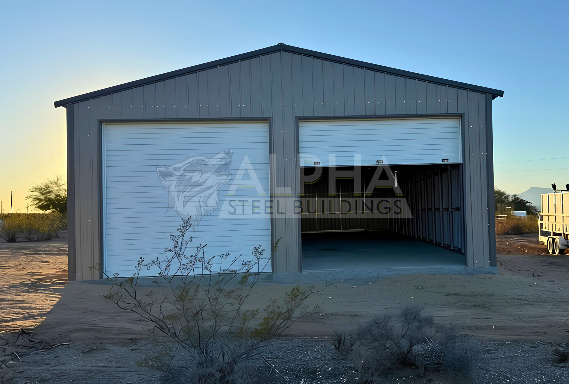 30x80x12 A-frame steel building with vertical roof and two 12x11 overhead doors, front view