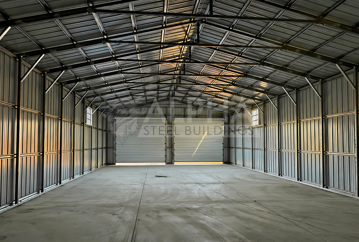 30x80x12 vertical roof steel building interior front view