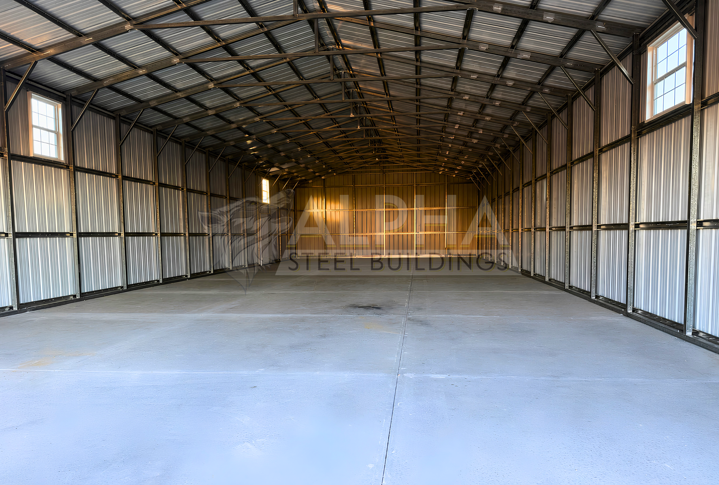 30x80x12 vertical roof steel building interior rear view