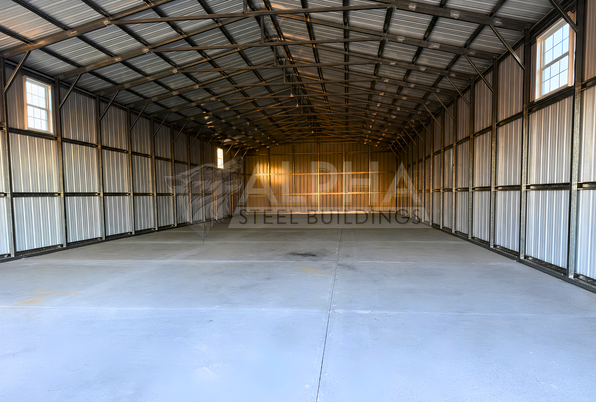 30x80x12 vertical roof steel building interior rear view