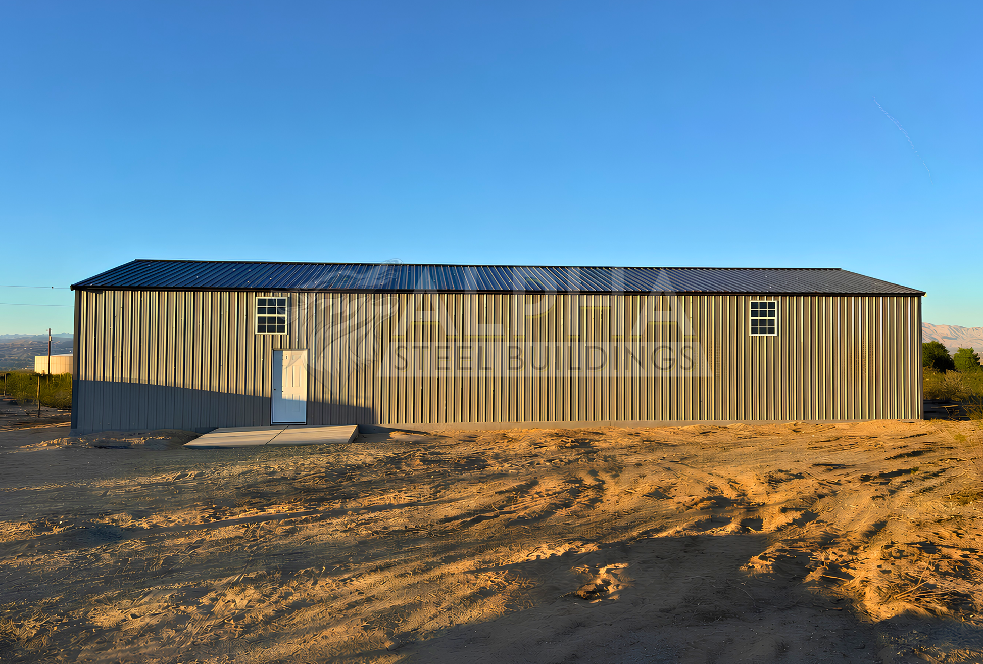 30x80x12 A-frame steel building with vertical roof, walk-in door and window openings, left side view