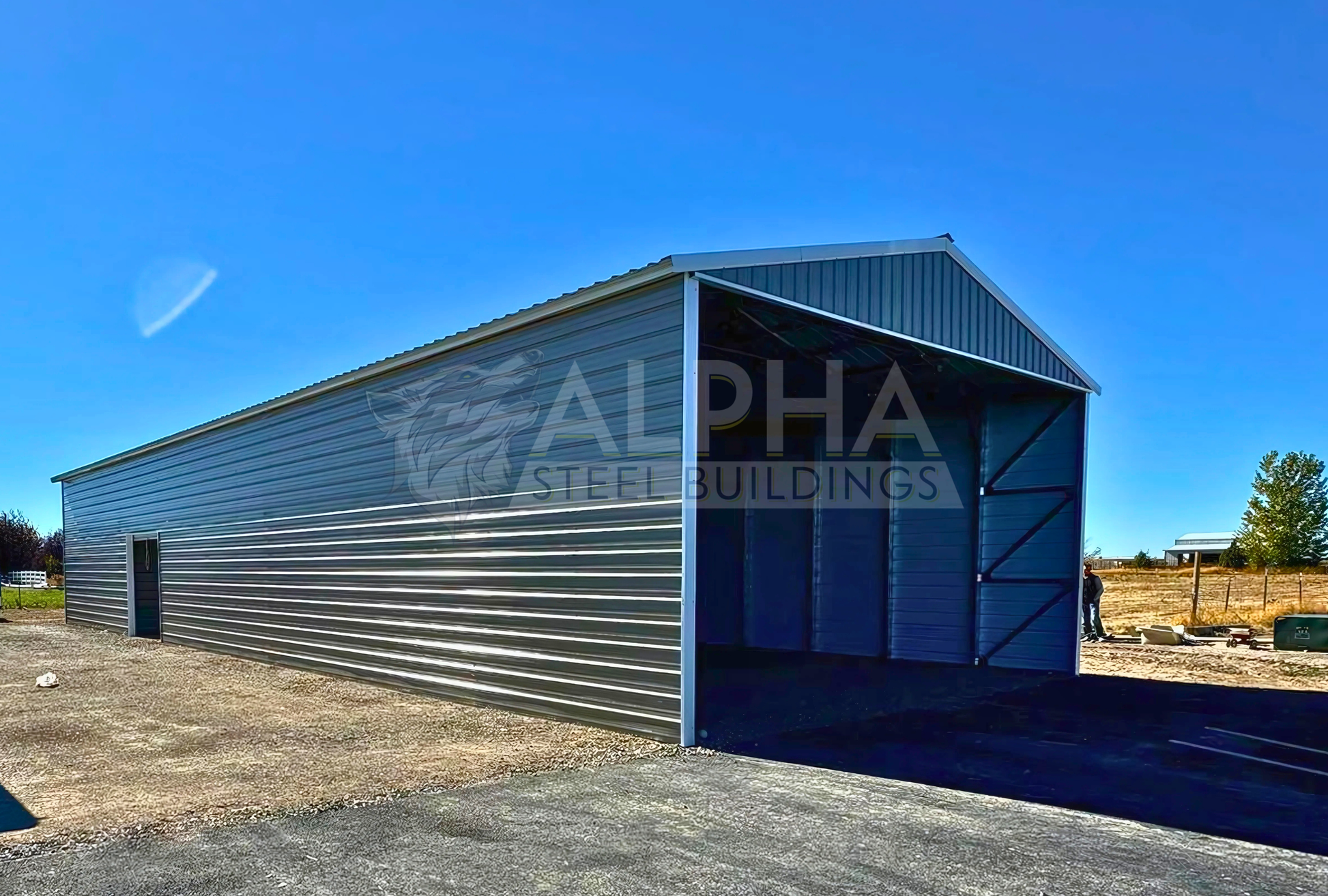 Front left side angled view of 30'x80'x14' A-Frame Vertical Roof -Partially Enclosed Storage, Protection For Big Equipment, RVs Or Other Costly Machinery