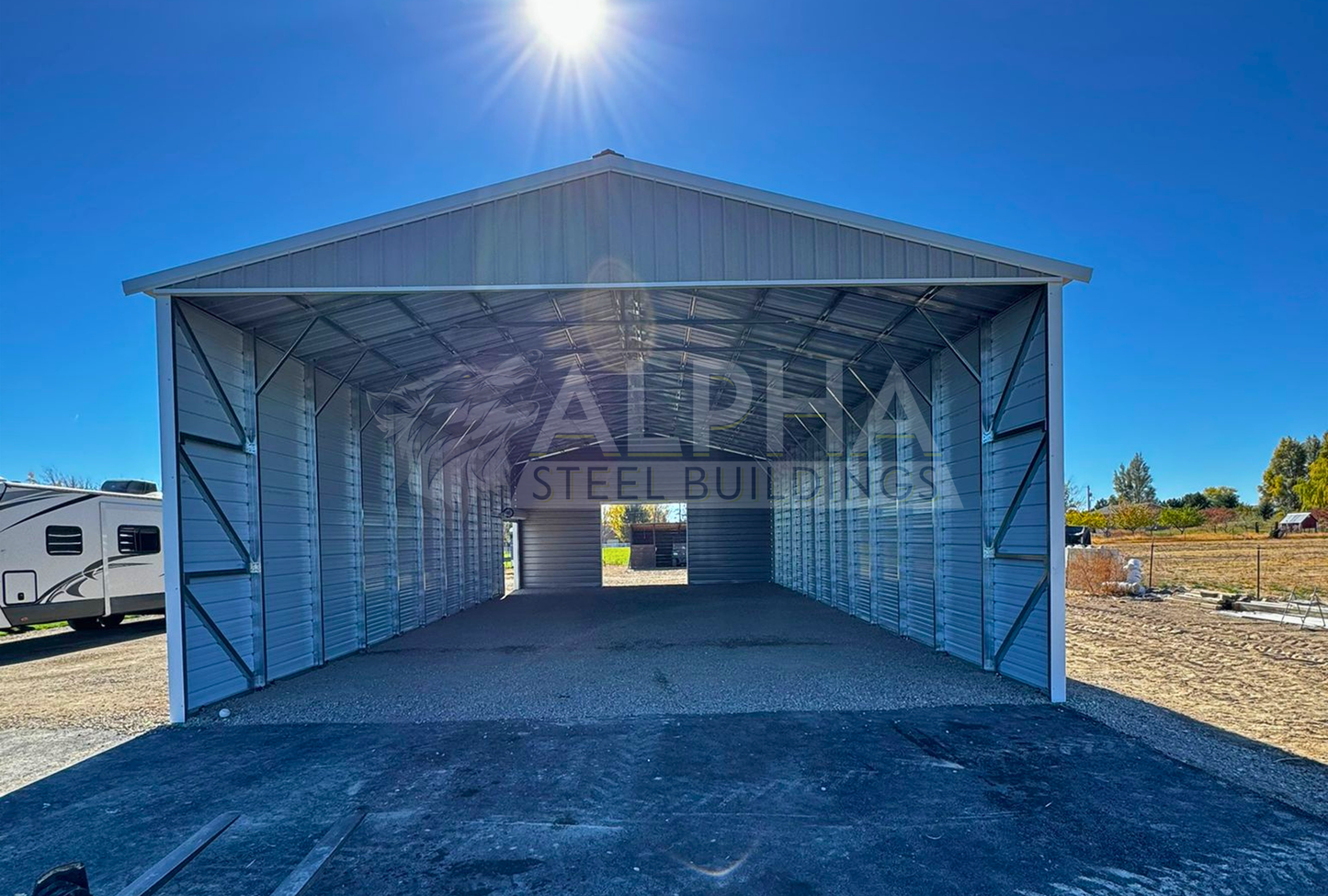 Front view of 30'x80'x14' A-Frame Vertical Roof -Partially Enclosed Storage, Protection For Big Equipment, RVs Or Other Costly Machinery