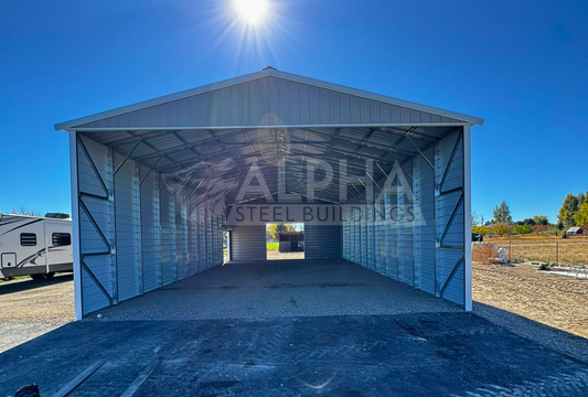 Front view of 30'x80'x14' A-Frame Vertical Roof -Partially Enclosed Storage, Protection For Big Equipment, RVs Or Other Costly Machinery
