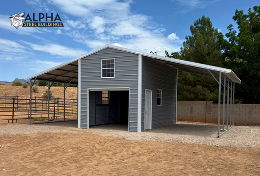 36'x20'x12'/9' continuous roof barn style steel building with enclosed center section and dual open lean-to wings.