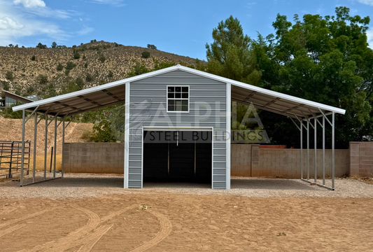 Front view of a 36'x20' continuous roof barn style steel building featuring dual lean-tos, roll-up door, walk-in door, and windows.