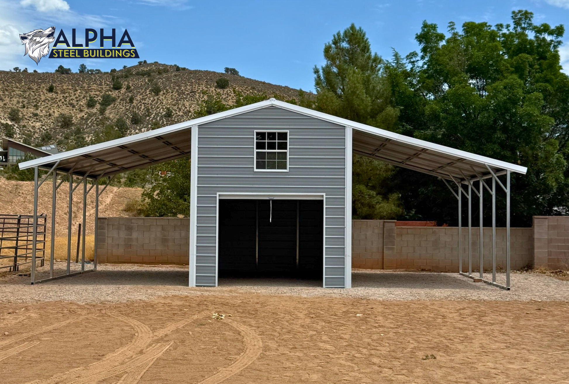 Front view of a 36'x20' continuous roof barn style steel building featuring dual lean-tos, roll-up door, walk-in door, and windows.