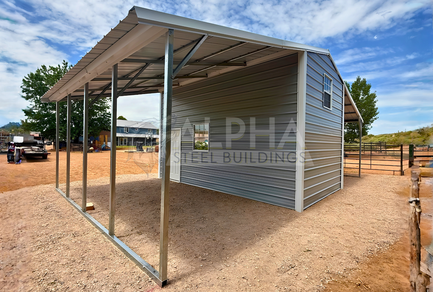 Rear side view of a continuous roof barn style steel building with open lean-tos and enclosed center storage area.