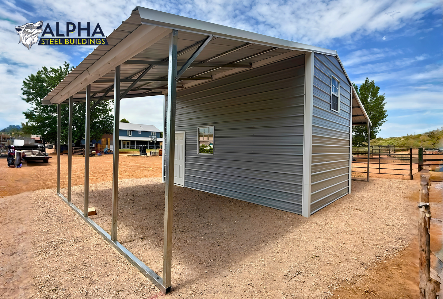 Rear side view of a continuous roof barn style steel building with open lean-tos and enclosed center storage area.