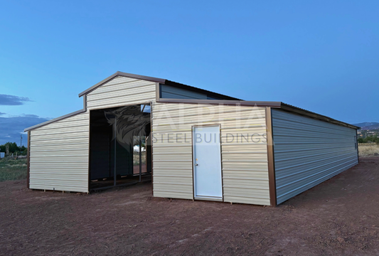36x60x12 vertical roof steel barn with dual lean-tos, front right view