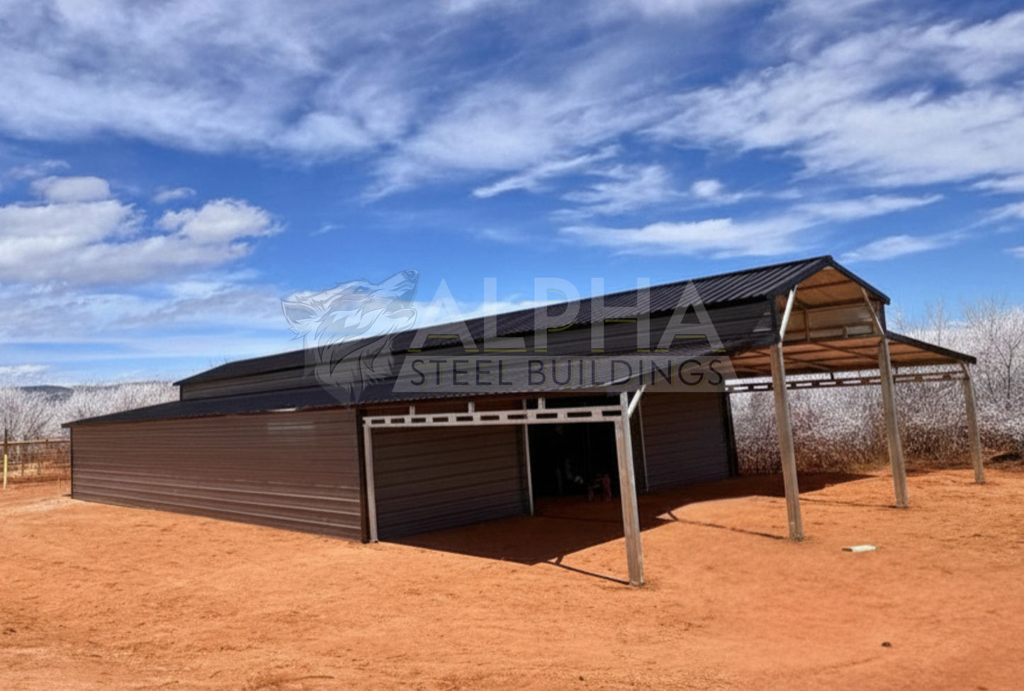 36'x80'x12' down to 10'-8' steel barn with lean-tos, two panels under the eave, both sides closed @ 60'L, all ends closed & front porch, front left close up angle view.