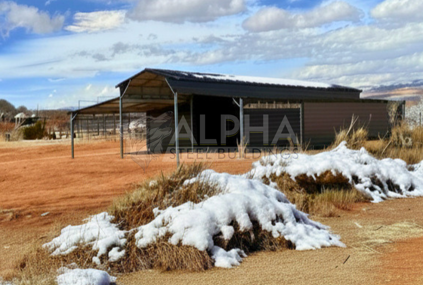 36'x80'x12' down to 10'-8' steel barn with lean-tos, two panels under the eave, both sides closed @ 60'L, all ends closed & front porch, front right wide angle view.