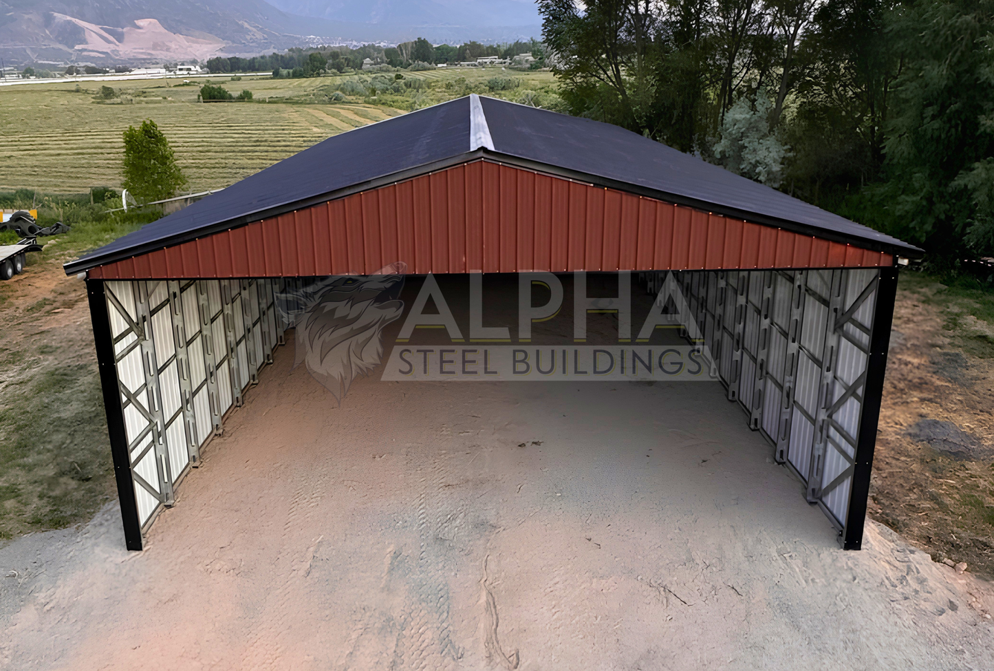 Elevated front view of a 36x80x14 steel agricultural building showing the open front entrance, vertical roof, enclosed sides, and spacious interior.