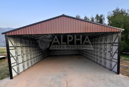 Front interior view of a 36x80x14 ladder style A-frame steel agricultural building with an open front, vertical roof, enclosed sides, and diagonal bracing.