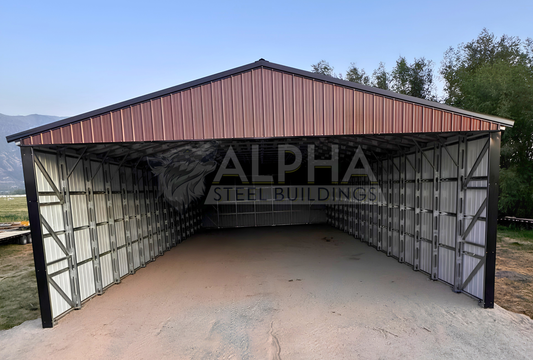 Front interior view of a 36x80x14 ladder style A-frame steel agricultural building with an open front, vertical roof, enclosed sides, and diagonal bracing.
